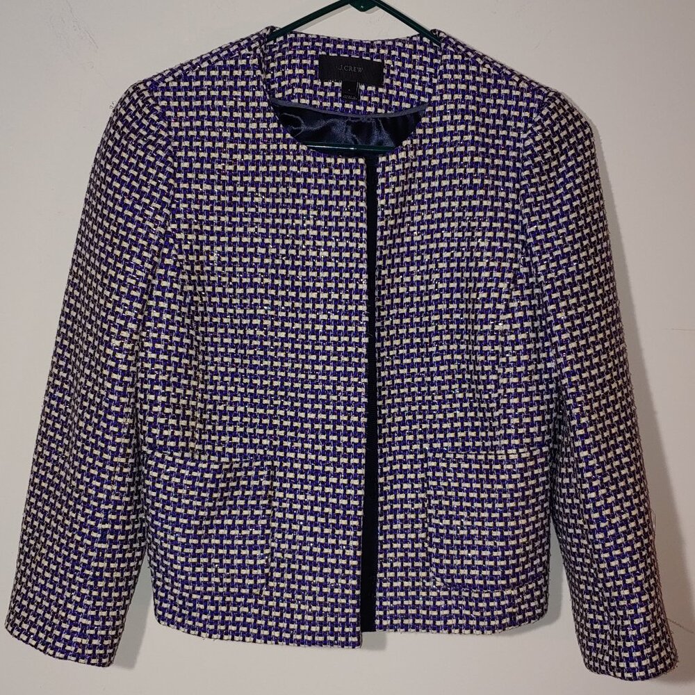 J Crew Navy 3/4 Sleeve Cropped Silk Blend Tweed Blazer Jacket Size 4